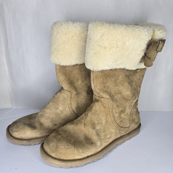 UGG BECKHAM SUEDE CHESTNUT BOOTS SIZE 7 Double Buckle Shearling Cuff - Picture 2 of 7